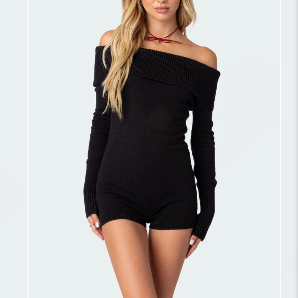 Edikted Black Off-the-Shoulder Sweater Romper